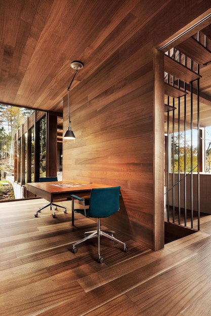 desk with blue chair blue chair front wooden wall 517312 51246 1